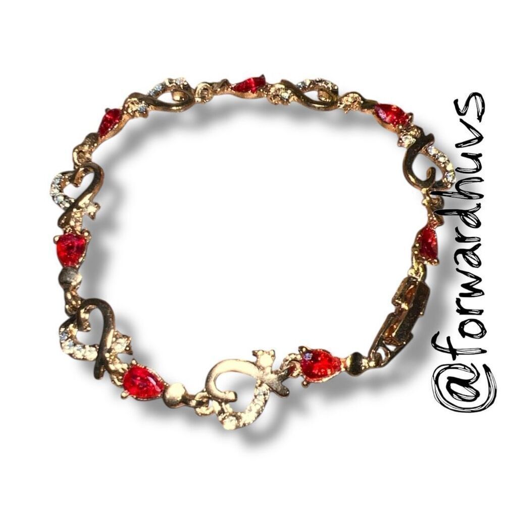 Bundle Sale 3 for $15 | Romantic Gold Tone Heart Bracelet with Sparkling Red Sto